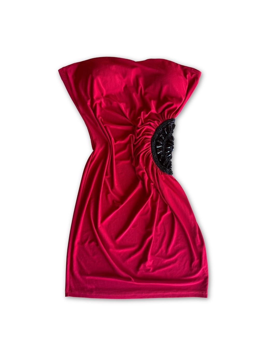 2000s AGACI Strapless Red Mini Dress with Black Beaded Detail